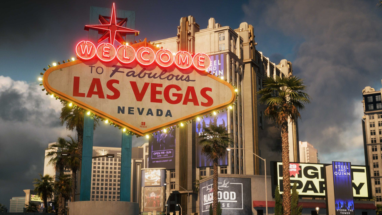 『Battlefield 6』「Vegas Strip」のスクリーンショット。ネオンが灯る「WELCOME TO Fabulous LAS VEGAS NEVADA」の看板と、背後に建つホテルや広告