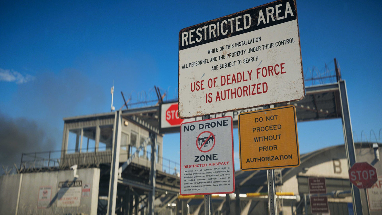 『Battlefield 6』「Area 51」のスクリーンショット。検問所のゲート前に「RESTRICTED AREA」「USE OF DEADLY FORCE IS AUTHORIZED」「NO DRONE ZONE」の警告看板が並ぶ