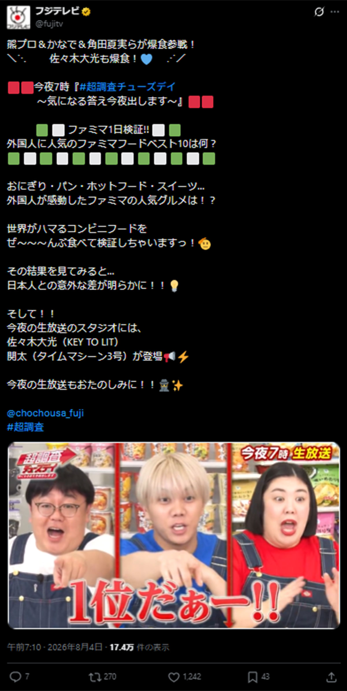 8月4日放送『超調査チューズデイ~気になる答え今夜出します~』(フジテレビ系)の放送告知(フジテレビのX《@fujitv》に8月4日投稿)