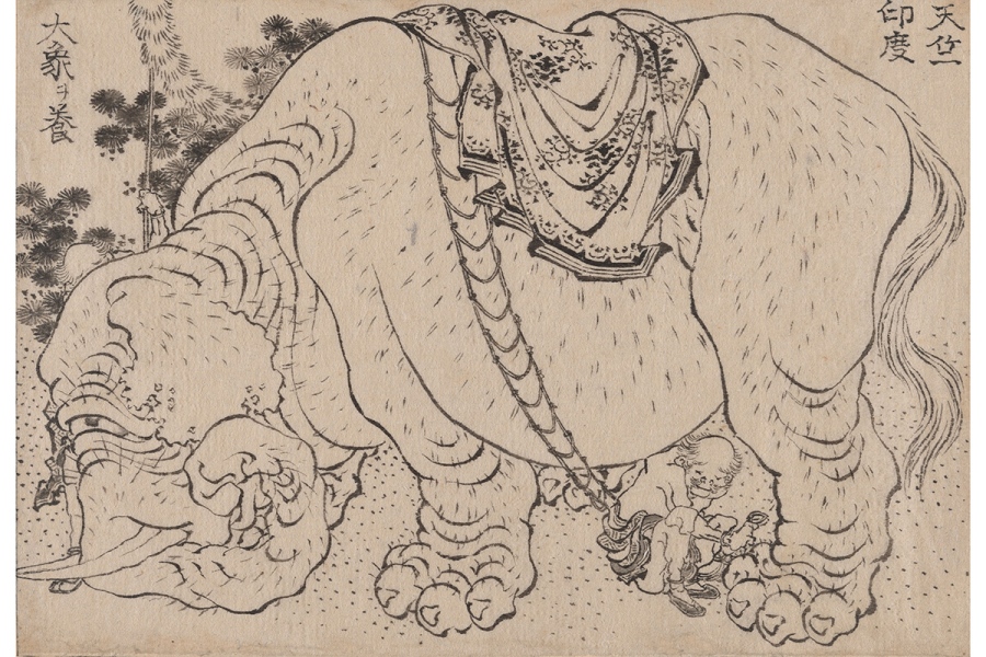 葛飾北斎《『万物絵本大全』版下絵「天竺・印度　大象ヲ養」》1820–1849 年頃 大英博物館蔵 （C）The Trustees of the British Museum