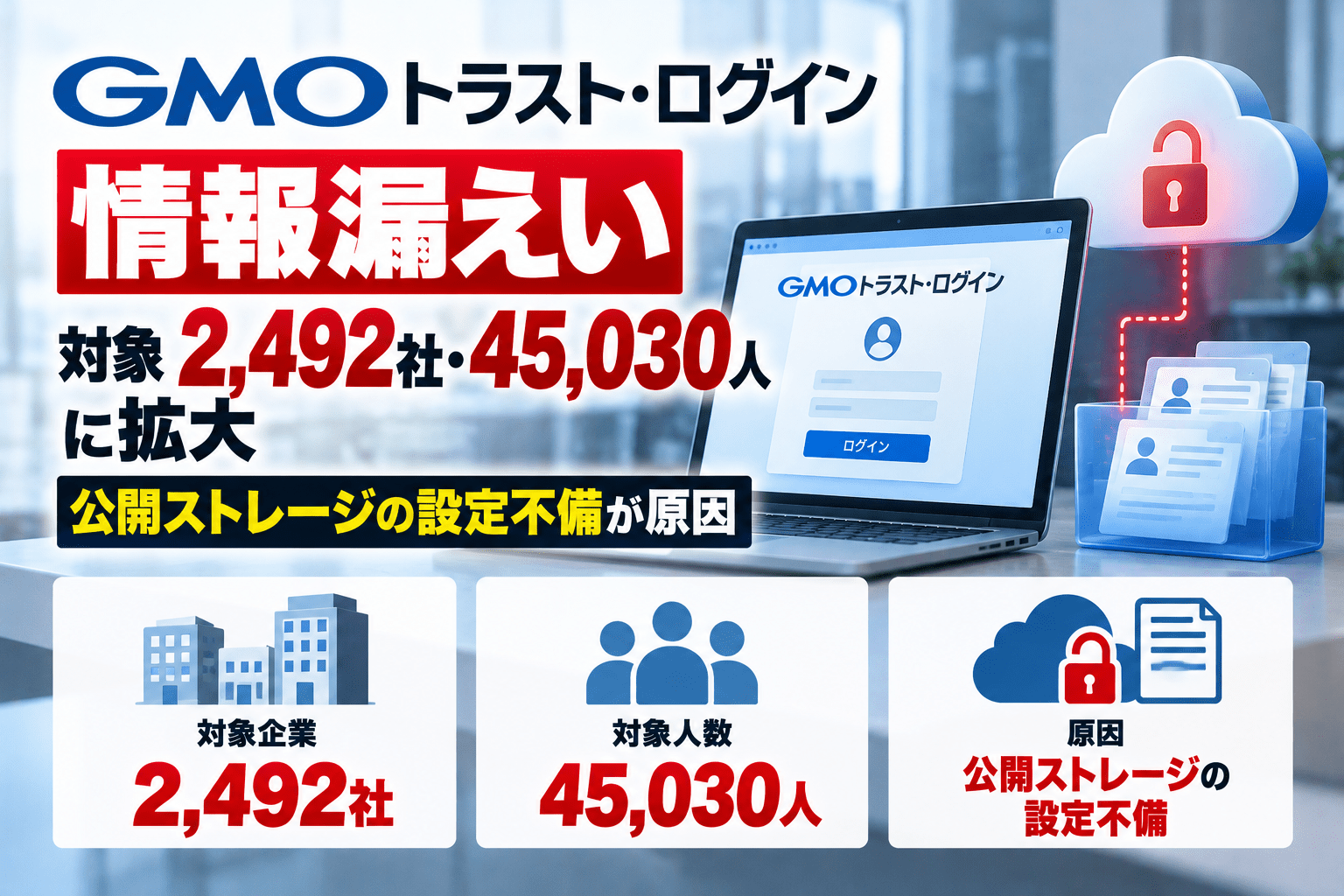 GMOトラスト・ログインで情報漏えい、対象2,492社・45,030人に拡大　公開ストレージの設定不備が原因