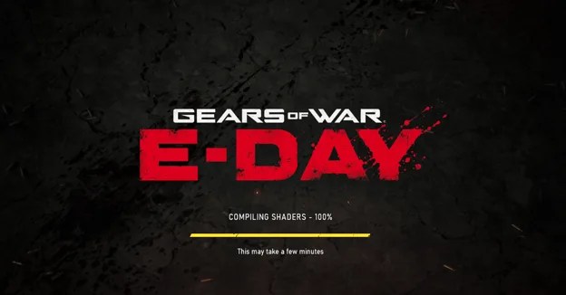 『Gears of War: E-Day』の起動時に表示されるシェーダーコンパイルの画面