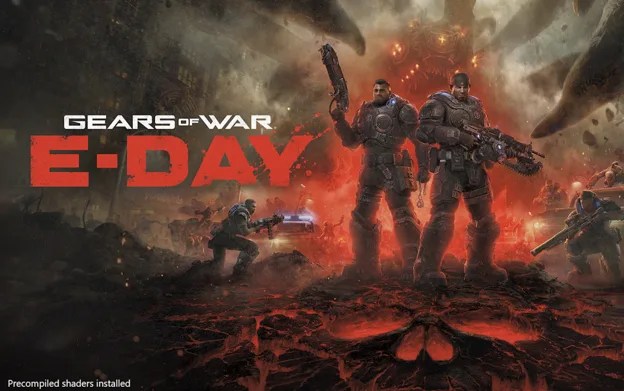 『Gears of War: E-Day』の起動画面。左下に「Precompiled shaders installed」と表示されている