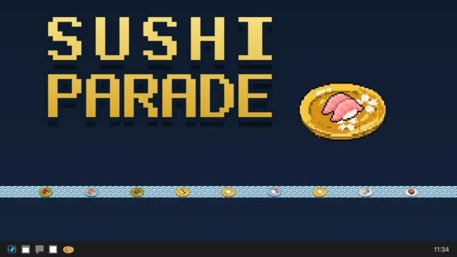 SUSHI PARADEのキーアート。ドット絵のロゴと回転レーンを示す。