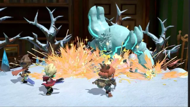 『ヴィラクタル』で3人の仲間が大型の敵に挑むマルチプレイの戦闘シーン