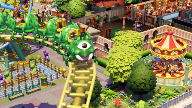 『ツーポイントミュージアム』DLC「ユーエンチアム」の芋虫型コースターと遊園地の画面