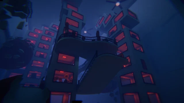 『目覚めの時』のゲーム画面。赤い窓が並ぶ建物と階段のある不気味な青い迷宮