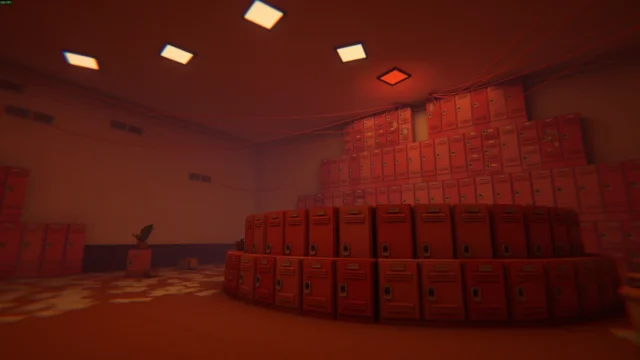 赤い光に包まれた部屋に、ロッカーが段状に積み上がる『目覚めの時』のゲーム画面
