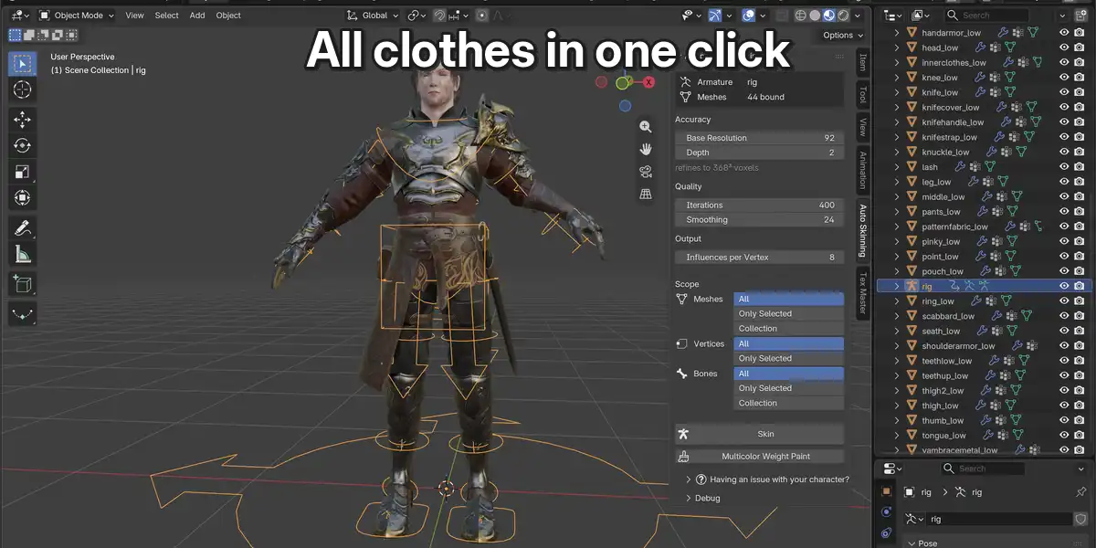 体と服のメッシュをまとめてバインドする画面