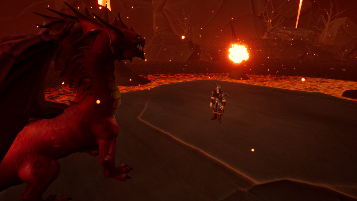 A warrior faces a red dragon in a lava-lit cavern in YAR: Forgotten Throne